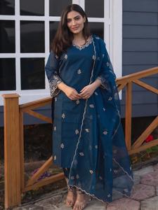 Women's Blue <b>Silk</b> Quick Dry <b>Kurta</b> Pant Set Dupatta Traditional Regular Fit Knee-Length Indian Pakistani Wear All Seasons - Product Image 1