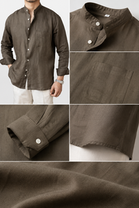 Chemise décontractée pour homme en lin, col montant, vert olive, manches longues, coupe ample, respirante, pour l'été et la plage, taille 3XL - Product Image 6