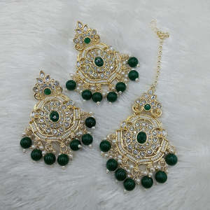 Boucles d'oreilles pendantes en Kundan et perles plaquées or avec Maangtikka, bijoux fins - 10574436DP - Product Image 2