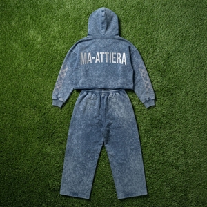 Custom <b>Women</b> Acid Wash Blue Gray Cropped Hoodie <b>Jogger</b> Set Cotton <b>Fleece</b> Streetwear Tracksuit OEM Wholesale - Product Image 5