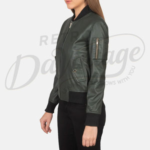 Women Dark Green Real <b>Leather</b> Bomber <b>Jacket</b> Slim Fit MA1 Style Premium Sheepskin Casual Winter Varsity Outerwear - Product Image 4