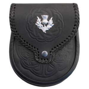 Sporran en cuir noir TRE avec rabat à motif de chardon en relief pour accessoires musicaux écossais des Highlands - Product Image 4