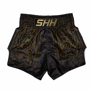 กางเกงขาสั้นมวยไทยสีดำทอง Shh กางเกงมวยผ้าซาตินของผู้ชายดีไซน์ปกติพอดีพิมพ์ลาย - Product Image 2