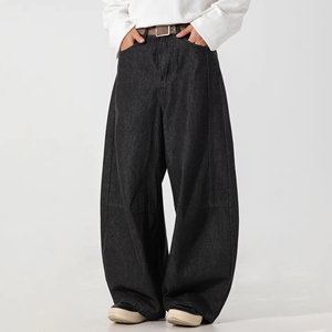 Custom Autumn Retro Straight Long Wide Leg Denim <b>Pants</b> Black Jeans Men With Chain - Product Image 1