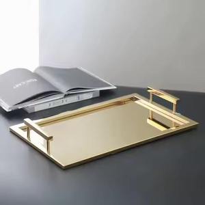 Creative Rectangular Shape <b>Mirror</b> Finished Metal <b>Tray</b> With Handle Handmade Home and Hotels Wedding Party Available - Product Image 2