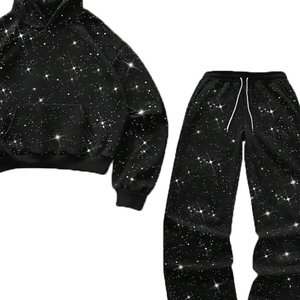 Ensemble de survêtement unisexe haut de gamme en polyester/coton tissé respirant avec strass, sweat à capuche et pantalon de survêtement personnalisés à paillettes, style streetwear - Product Image 3
