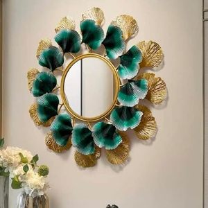 Miroir mural décoratif en métal doré et vert en forme de feuille de Ginkgo, miroir rond d'appoint pour salon, chambre, entrée, couloir - Product Image 1