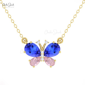 Collier inspiré de la dernière tendance, avec pierres Tanzanite et Morganite rose taille poire 7x5mm, et pendentif papillon en or massif 14 carats serti de diamants - Product Image 4