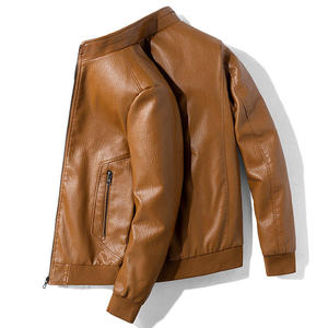 <b>Men's</b> Black PU Leather Moto <b>Jacket</b> Stand Collar Zipper Closure Regular Length Solid Color Autumn Wear - Product Image 5