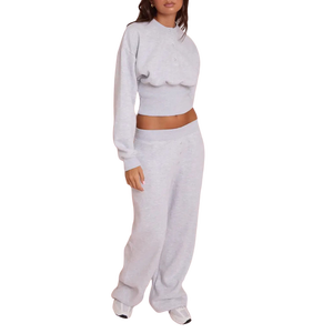 Wholesale Solid Color Women's 2 Piece <b>Set</b> Gray <b>Knitted</b> Crop Top With Buttons Loose Sweatpants Casual All Seasons Full Sleeve <b>Set</b> - Product Image 1