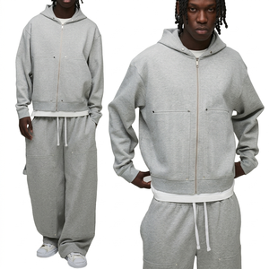 Conjunto Deportivo de 2 Piezas para Hombre, Estilo Invernal, Transpirable, de Poliéster y Algodón, con Sudadera con Capucha y Cremallera, Pantalones Deportivos Anchos, Color Gris Sólido, Personalizado - Product Image 1