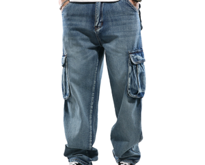 Men Straight Leg Stonewashed Denim <b>Jeans</b> Mid Waist <b>Button</b> <b>Fly</b> Casual Multiple Pockets 100% Cotton Woven Fabric - Product Image 1