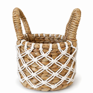 AKASA D15 RENDA Handwoven Water Hyacinth Basket with Macrame Net Decorative Storage Organizer Natural Fiber Rustic Home Decor - Product Image 1