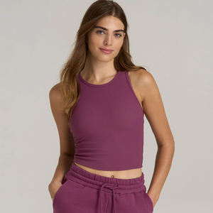 High Quality Women Cropped Cotton Spandex High Stretch Round Neck Knitted Vest Sports Custom Printing Ribbed Women Tank Top - Product Image 1