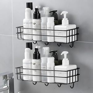 Étagère de rangement murale en métal pour salle de bain avec crochets, double niveau, support auto-adhésif pour articles de toilette, design minimaliste - Product Image 1