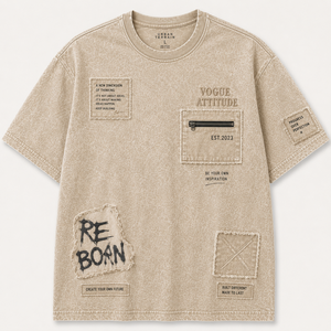 Custom Men's Oversized Cotton T <b>Shirt</b> <b>Patchwork</b> Design Beige Streetwear Tee Short Sleeve Front Logo Casual Fashion Boxy Fit - Product Image 1