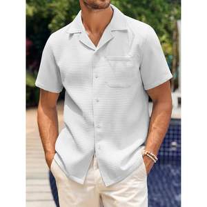Camisa de moda ODM para hombre 100% algodón Waffle botón abajo estilo chino manga corta suelta ajuste liso Tops para playa de verano - Product Image 5