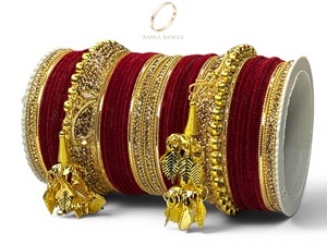 Hot Selling Wine Red Velvet Bridal <b>Wedding</b> Bangles Set Premium Gold Plated Hanging Bells at Wholesale Price for Women - Product Image 2