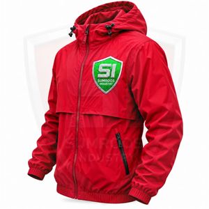 Veste coupe-vent OEM/ODM pour homme, veste bomber rouge à capuche, coupe-vent, fermeture éclair sur le devant, design avec badge, vêtement d'automne - Product Image 2