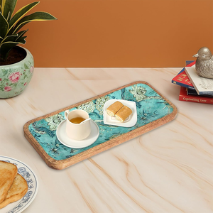 Bandeja Decorativa de Madera Artesanal con Diseño Floral Rústico NE-WT543 de NEHA ENTERPRISES, de Primera Calidad, Ovalada, con Asa - Product Image 1