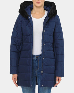 <b>Women's</b> <b>Navy</b> Blue Quilted Puffer Jacket with Faux Fur Hood Warm <b>Winter</b> <b>Coat</b> with Zipper Closure and Side Pockets - Product Image 1