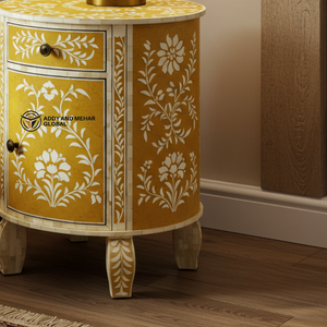 Mesa de Noche Redonda de Madera Artesanal Ecológica con Incrustaciones Florales Amarillas Modernas de Lujo con 2 Cajones - Product Image 4