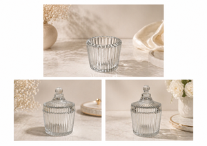 Empty Glass Candlestick Holder with <b>Lid</b> Ribbed Textured Round Container for Candle Making Home <b>Decor</b> Low MOQ Scented - Product Image 2