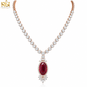 Collar con Halo de Diamantes Cultivados en Laboratorio y Rubí Ovalado, Oro Sólido de 9K, 14K, 18K |   Collar con Colgante de Joyería Fina, Regalos para Ocasiones Especiales y Bodas - Product Image 1