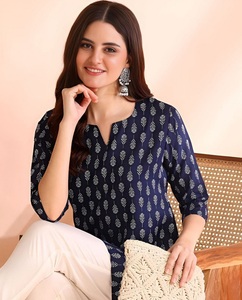 <b>Indian</b> Trendy Navy Blue Printed Rayon Kurtis With White Leaf Pattern Loose Fit Short Kurtis for Casual Wear <b>Top</b> and Kurtis - Product Image 1