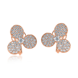 <b>Rose</b> <b>Gold</b> Plated Flower <b>Stud</b> <b>Earrings</b> With Round Brilliant Cut Diamonds Micro Pave Classic Women's Wedding Jewelry - Product Image 2