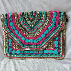 Sac fourre-tout à franges perlées turquoise, pochette brodée tribale, sac à main tendance, sac ethnique de festival pour femme - Product Image 1