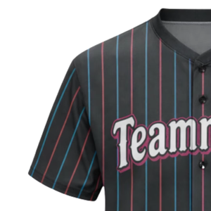 Custom Sublimated Mens <b>Baseball</b> Jersey Teamname 12 Striped Black Red Blue V-Neck Short Sleeve Breathable Full Button Regular Fit - Product Image 5