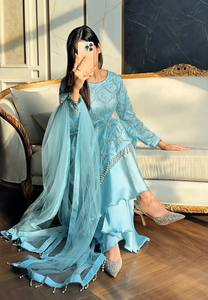 Traje Salwar de Red Suave Premium con Bordado de Lentejuelas, Borde de Encaje con Perlas Moti y Pantalón Palazzo, Calidad de Exportación - Product Image 4