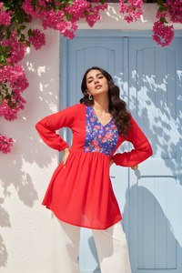 Túnica Elegante Roja de Georgette para Mujer, con Estampado, Largo Regular, Cuello en V, Manga Larga, Completamente Cosida, Estilo Occidental para Fiestas - Product Image 6