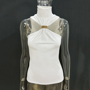 White Turtleneck Sleeveless Tank <b>Top</b> With <b>Metal</b> Ring Bow Detail Elegant Knitted Solid Women's <b>Tops</b> - Product Image 1