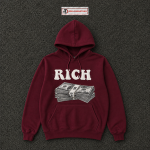Sweat-shirt à capuche pour homme, couleur bordeaux, avec imprimé graphique 'Rich Letter Money', cordon de serrage, poche kangourou, manches longues, en promotion - Product Image 5