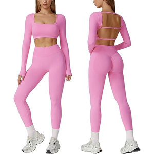 Conjuntos Deportivos para Mujer, Top Corto de Manga Larga con Espalda Descubierta, Leggings de Cintura Alta, Conjuntos de Traje Deportivo para Yoga, Conjuntos de 2 Piezas - Product Image 1