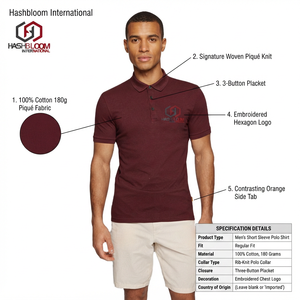 Chemise Homme Personnalisée 100% Coton Peigné Filé à Anneaux 180 g/m² Manches Courtes Brodé Piqué Anti-rétrécissement Style Smart Casual Golf - Product Image 5