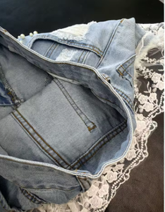 Shorts de Mezclilla de Cintura Alta con Volantes de Encaje, Estilo Dulce, Jeans de Verano para Mujer, Transpirables, Lavados con Piedras, Azul Claro - Product Image 4