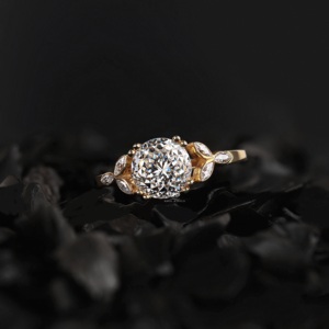 Portuguese Cut Lab Grown Diamond Engagement Ring with Marquise Side Stones 14K 18K Gold Solitaire Ring Handmade Fine Jewelry - Product Image 2