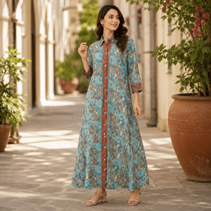 Vestido Maxi de Seda de Alta Calidad, Talla Única, Azul Carmesí, Estilo Vintage, Paisley Mandala |   Ropa de Estilo Bohemio con Estampado Étnico para Vacaciones en Ibiza - Product Image 4