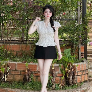 Conjunto de Blusa de Manga Corta con Cuello en V y Encaje Sólido, Falda Larga en Línea A, Mezcla de Algodón Transpirable para Primavera/Verano, Estilo Casual - Product Image 6