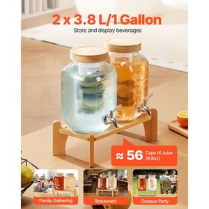 Set di 2 Dispenser per Bevande in Vetro da 1 Gallone con Rubinetto in Acciaio Inox e Supporto in Legno per Feste - Product Image 2