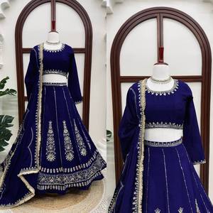 Blue Embroidered <b>Indian</b> Pakistani Lehenga Set Long Sleeve Blouse Crop <b>Top</b> Pleated Dress Wedding Festival Wear - Product Image 4