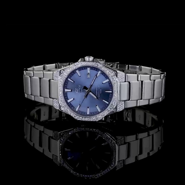 Unisex Luxury Lab Diamond ETA Watch Stainless Steel Case Blue Glass Dial Automatic Mechanical Movement Power Reserve 18mm Band