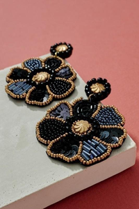 Handmade Floral Beaded Drop <b>Earrings</b> Embroidered <b>Dangle</b> <b>Earrings</b> <b>Black</b> Gold Blue Statement Jewelry for Party - Product Image 3