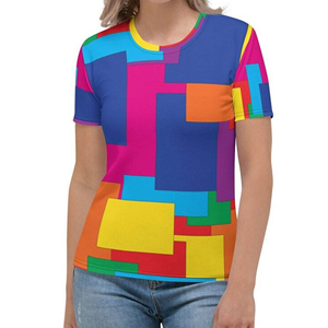 Camiseta de Manga Corta para Mujer, con Bloques de Color, Estampada, Cuello Redondo, Corte Regular, Informal, 100% Poliéster Tejido, para Todas las Temporadas - Product Image 1