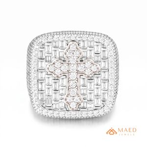 Anillo de Moissanita para Hombre, Estilo Hip Hop, Cruz con Halo de Baguette, Plata de Ley, Joyería de Lujo, Regalo - Product Image 1