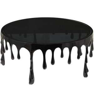 Table basse noire moderne avec base en résine effet goutte d'eau, mobilier de salon contemporain, design décoratif, plateau en verre trempé - Product Image 4