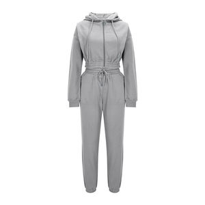 Combinaison à capuche zippée pour femme, couleur unie, sweat-shirt décontracté avec taille élastique, pantalon de jogging long, tenue d'automne - Product Image 1